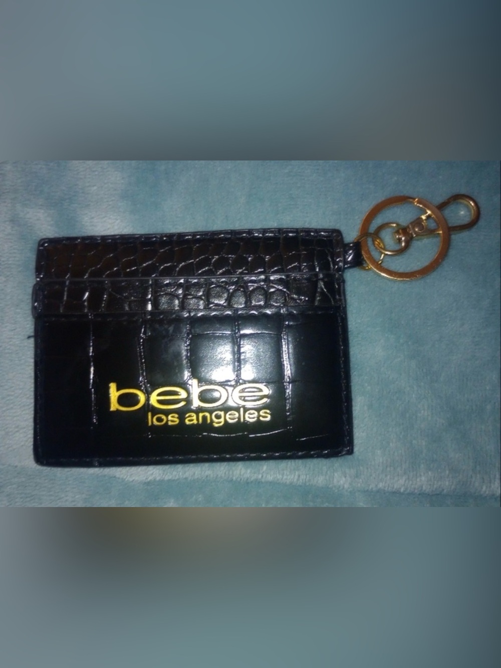 Bebe Black Faux-Croc Card Holder with Gold Keyring